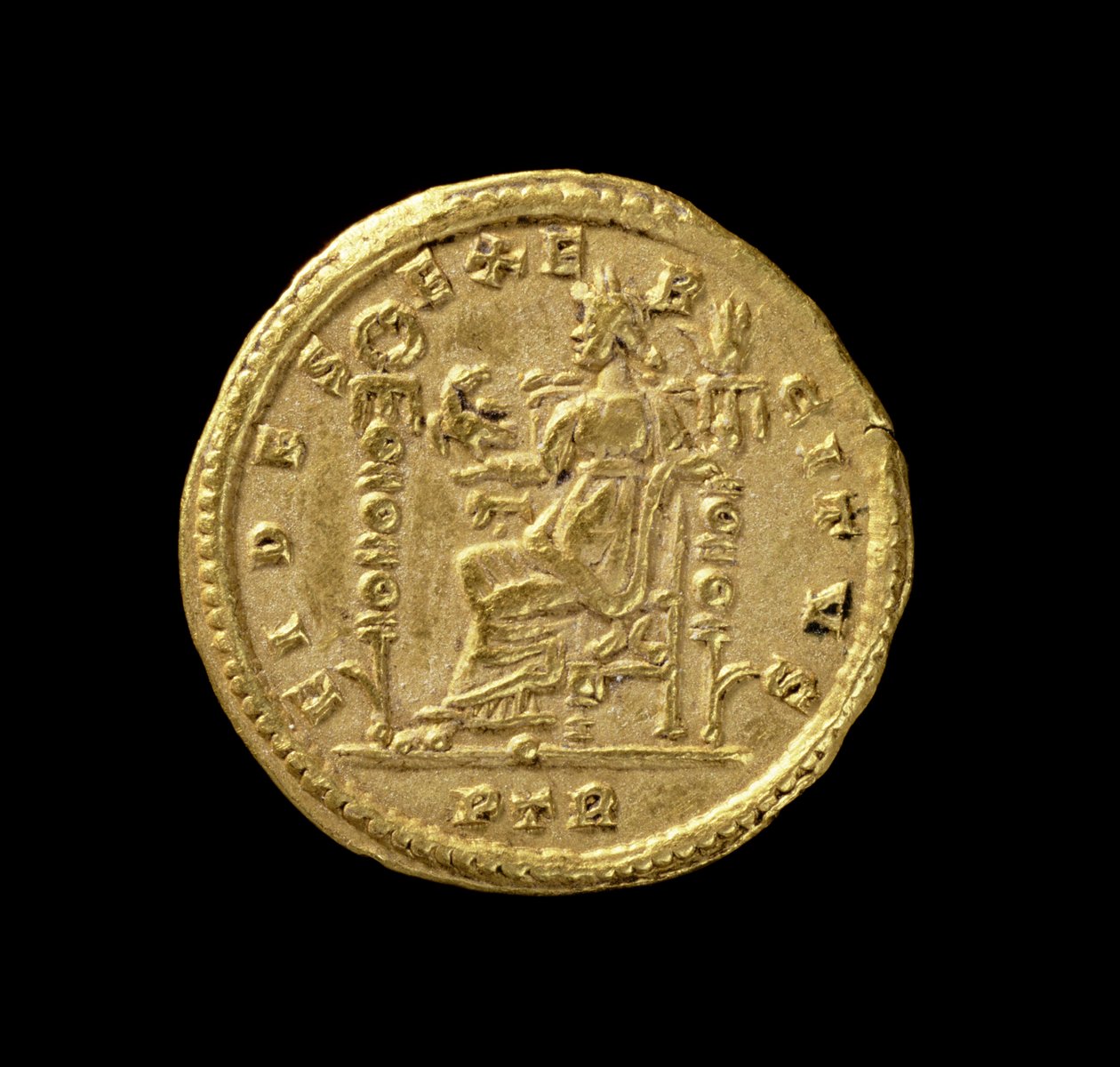 Solidus (rewers) Konstantyna I Wielkiego (AD 306-AD 337) przedstawiający Fides siedzącą po lewej stronie na tronie. Napis: FIDES EXERCITVS (złoto) (dla awersu patrz 119150) autorstwa Roman