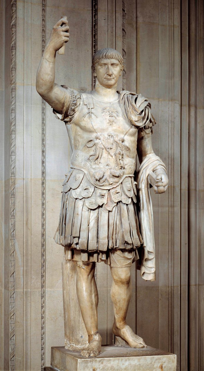 Statua cesarza rzymskiego Trajana (Marcus Ulpius Traianus lub Traiano) (53-117 ne) stojący, pancernik. Około 108 AD. Słońce 2 m Paryż, Luwr autorstwa Roman