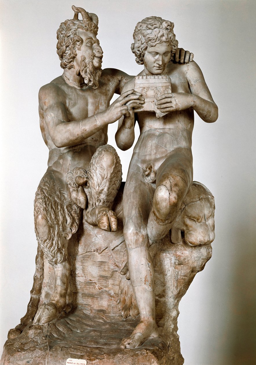 Statuetka boga Pana uczącego gry na flecie ma swoją eromene, pasterza Daphnisa I w. p.n.e. Rzymska rzeźba z marmuru według greckiego oryginału. Narodowe Muzeum Archeologiczne w Neapolu - Pan i Daphnis (lub Olimp). Rzymska kopia po hellenistycznej rzeźbie autorstwa Roman