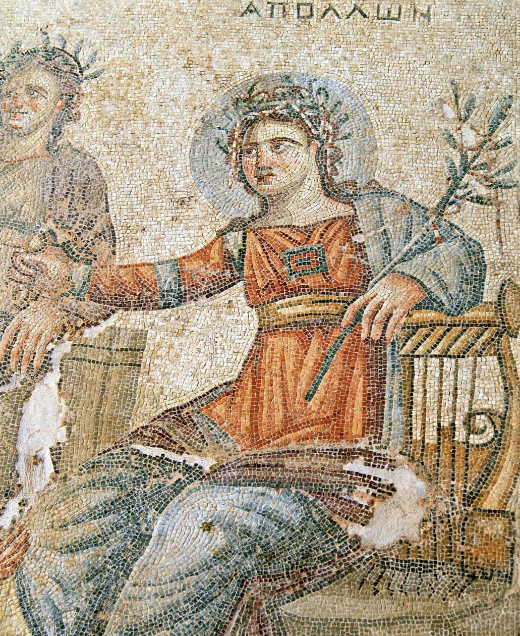 Mozaika Apollo i Marsjasz, fragment Pliniusza i Apolla, Dom Aiona, Pafos, mozaika Cypr autorstwa Roman