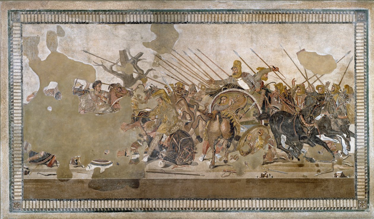 Bitwa pod Issos wygrana przez Aleksandra III Wielkiego przeciwko Dariuszowi (Dariuszowi) III Codomanowi (335 - 331 pne) - Mozaika Pompejów - autorstwa Roman