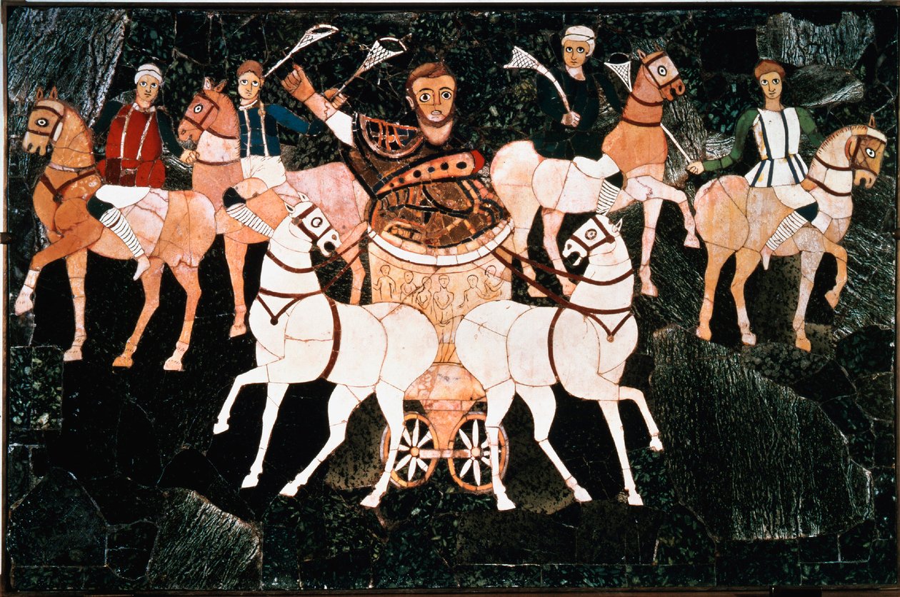 Konsul rzymski Julius Annius Bassus przedstawia na kwadrydze detalu blachy ramiak z IV wieku. Bazylika Junius Bassus (Bazylika Czerwca Bassiego), Esquilin w Rzymie. Konserwa w Muzeum Konserwatorium w Rzymie autorstwa Roman