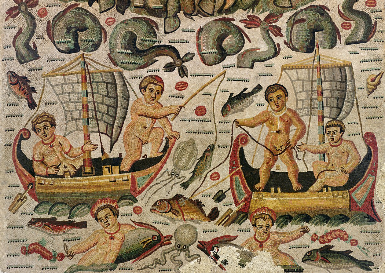 Triumf Neptuna i Amfitryty, fragment mozaiki łowiącej amorki autorstwa Roman
