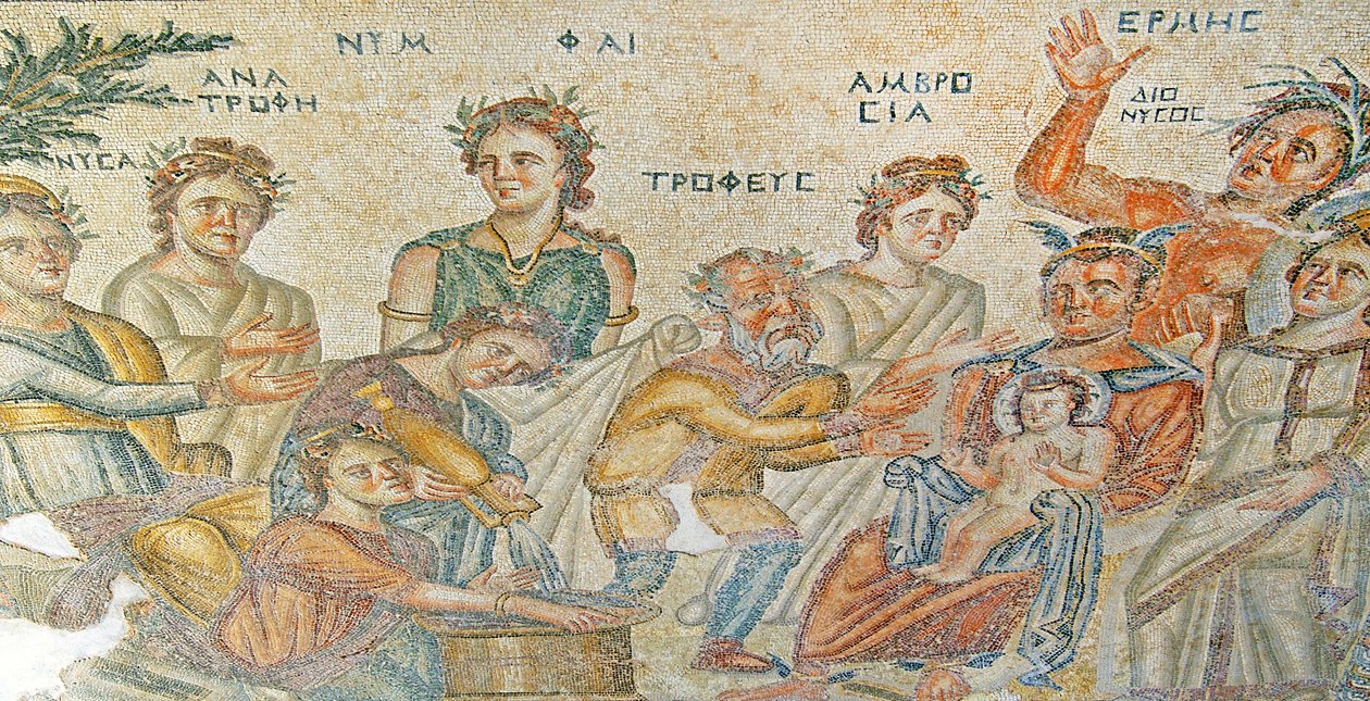 Prezentacja małego Dionizosa przez Hermesa Silenusowi. Dom Aiona, Pafos, Cypr (mozaika) autorstwa Roman