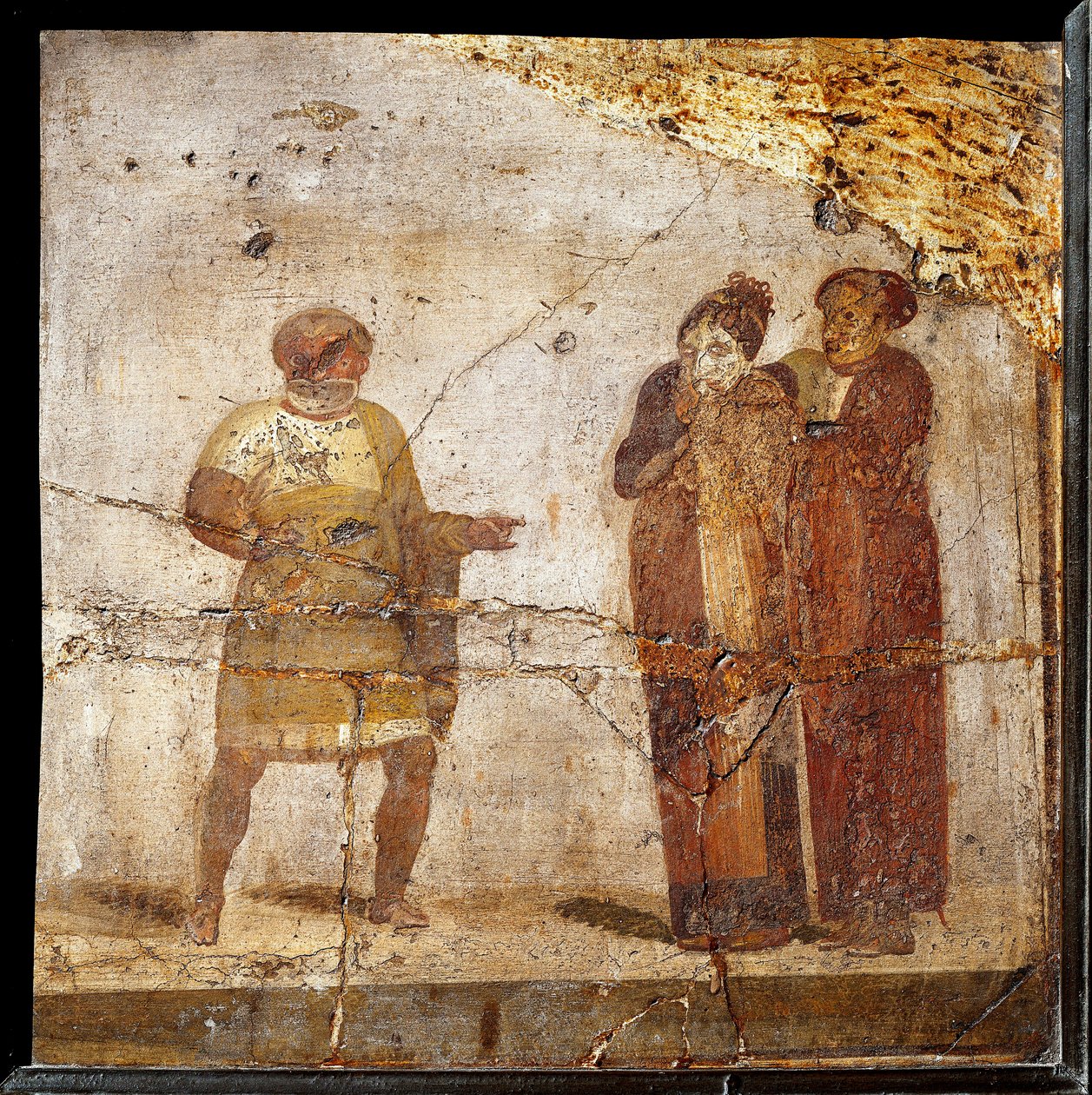 Scena teatralna. Fresk z terenu Pompejów autorstwa Roman