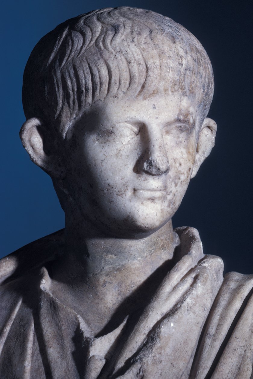 Posąg togatowy młodego Nerona, widok głowy z przodu, ok.50 rne (marmur) (detal 140378) autorstwa Roman