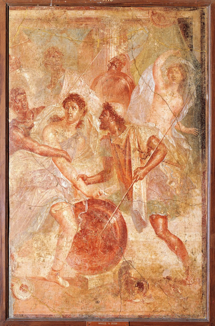 Ulisses i Diomedes rozpoznający Achillesa w przebraniu żeńskiej Pyrry wśród córek Lycomedes pod Skyros, z Pompejów (fresk) autorstwa Roman