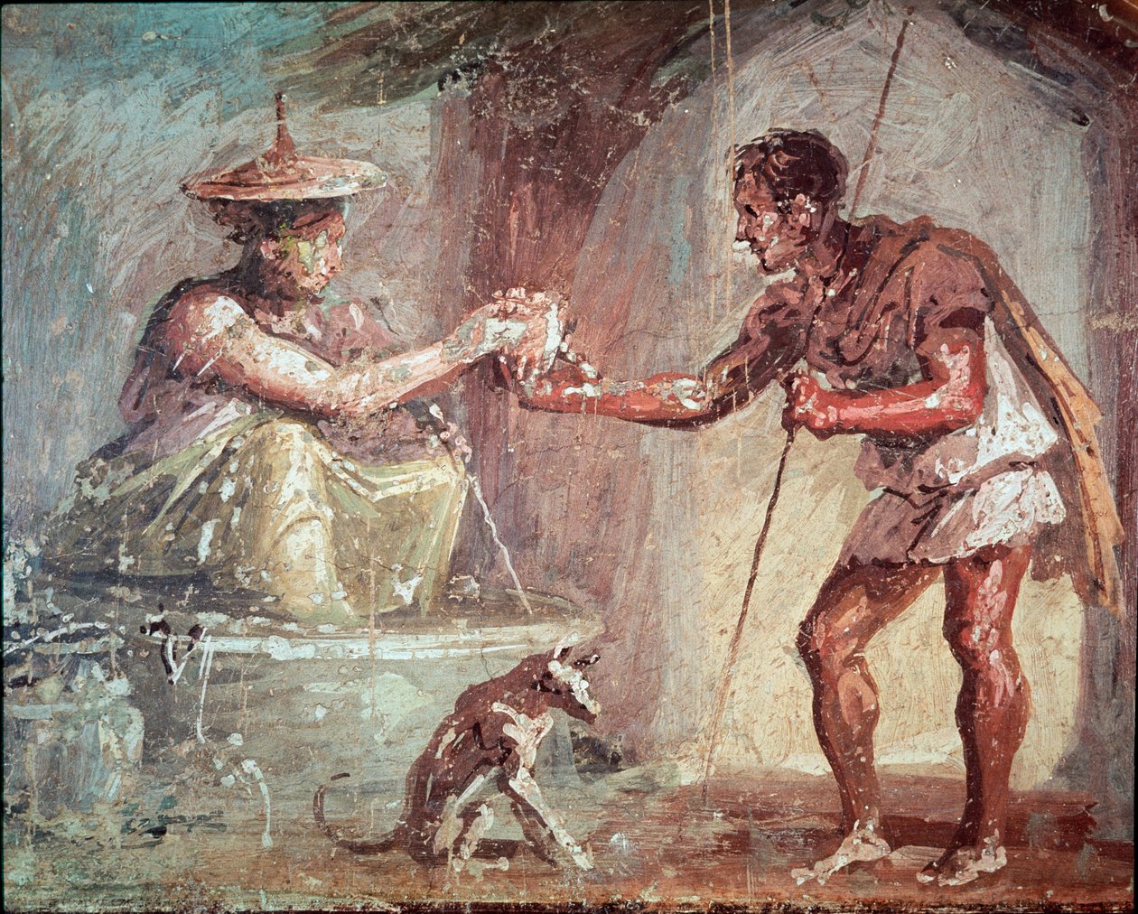 Kobieta proponuje picie wędrowcowi (fresk autorstwa Roman