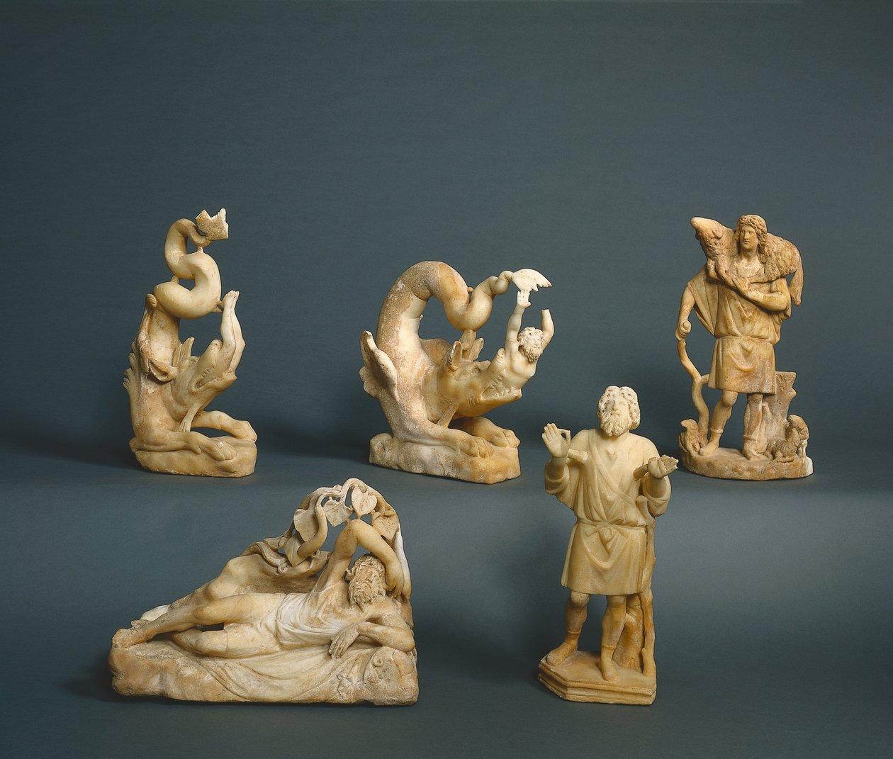 Jonasz połknięty, Jonasz rzucił się, Jonasz pod tykwą winorośli, Jonasz modlący się, 280-290 (marmur) autorstwa Roman Imperial Period
