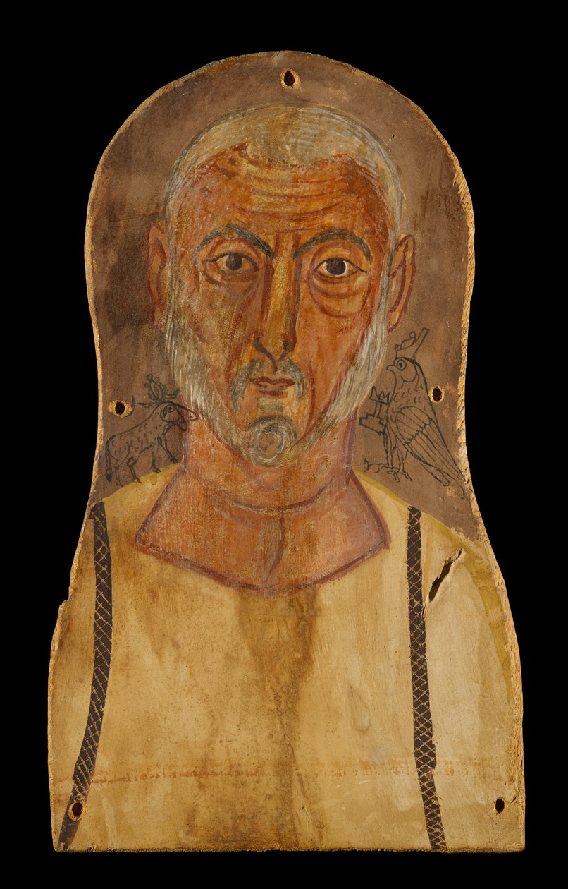 Starszy mężczyzna otoczony przez egipskich bogów, x.250 ne (tempera na jaworze) autorstwa Roman Period Egyptian