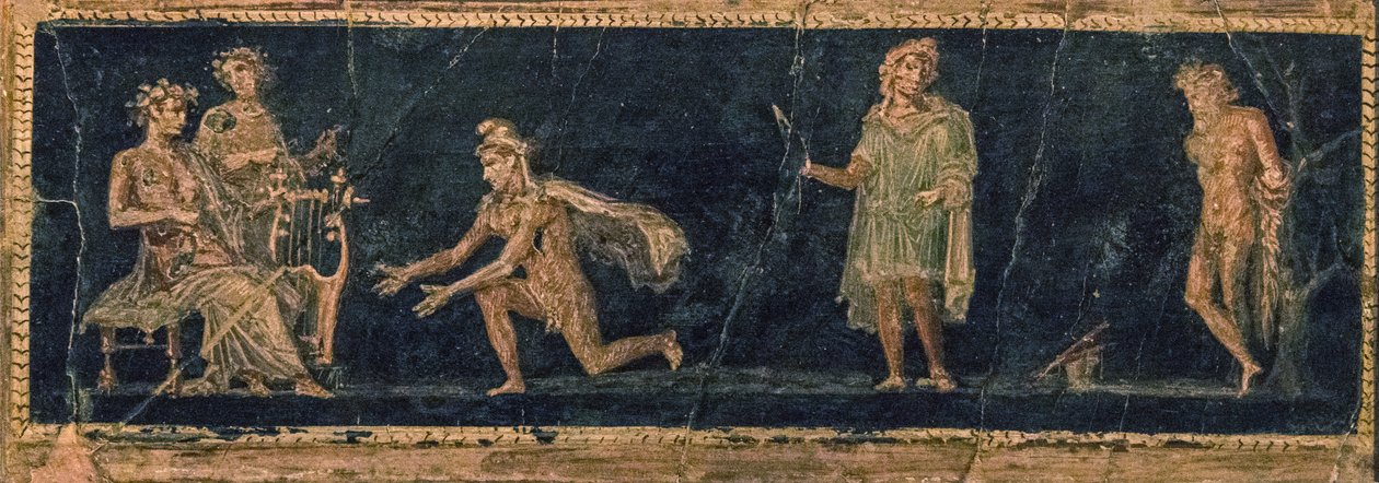 Konkurs muzyczny między Apollem a Marsjaszem, I wiek p.n.e. OGŁOSZENIE. autorstwa Roman Pompeian wall painting.