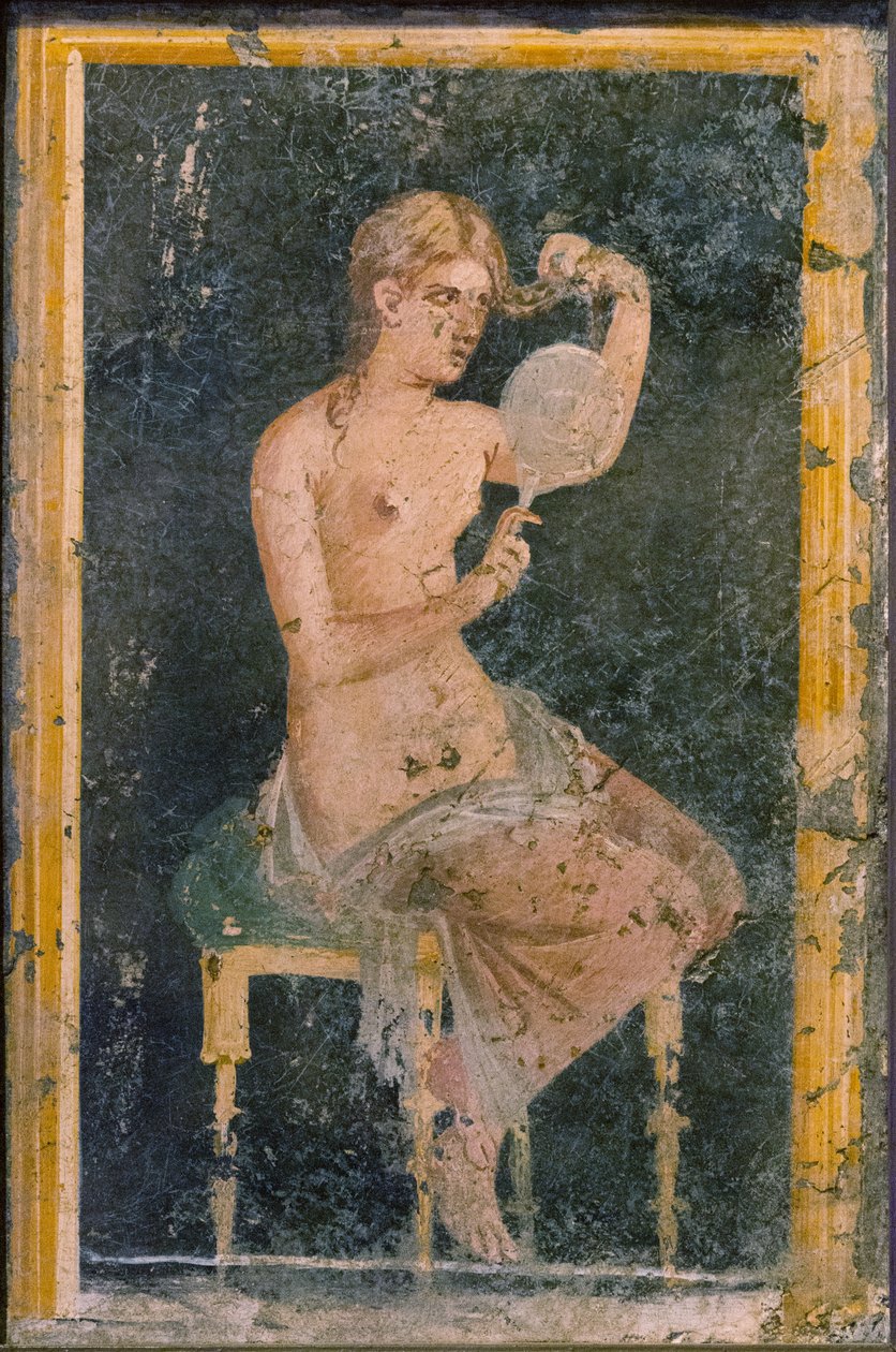 Kobieta z lustrem, I H. I wiek. OGŁOSZENIE. autorstwa Roman Pompeian wall painting.