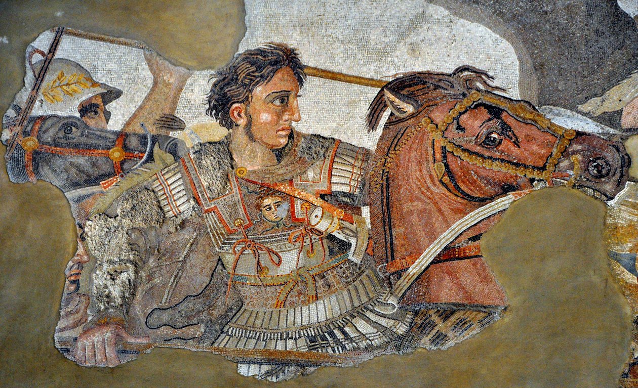 Aleksander Wielki (356 - 323 p.n.e.) na koniu Bucefal - fragment mozaiki z Pompejów: Bitwa pod Issos pomiędzy Aleksandrem i Dariuszem (IV w. p.n.e.). - opus vermiculatum - Musee Archeologique de Naples, Włochy - Museo Archeologico Nazionale, Neapol, Włochy autorstwa Roman Roman