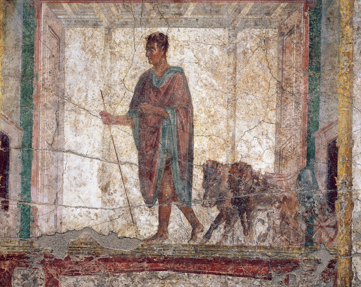 Starożytny rzymski fresk A.D.metus przedstawiający dzika i lwa zaprzężonych w rydwan autorstwa Roman Roman