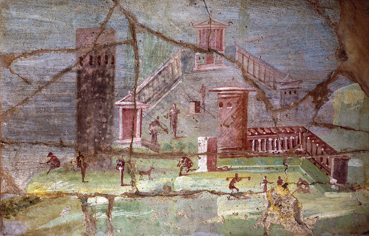 Starożytny rzymski fresk z krajobrazem z Pompei autorstwa Roman Roman