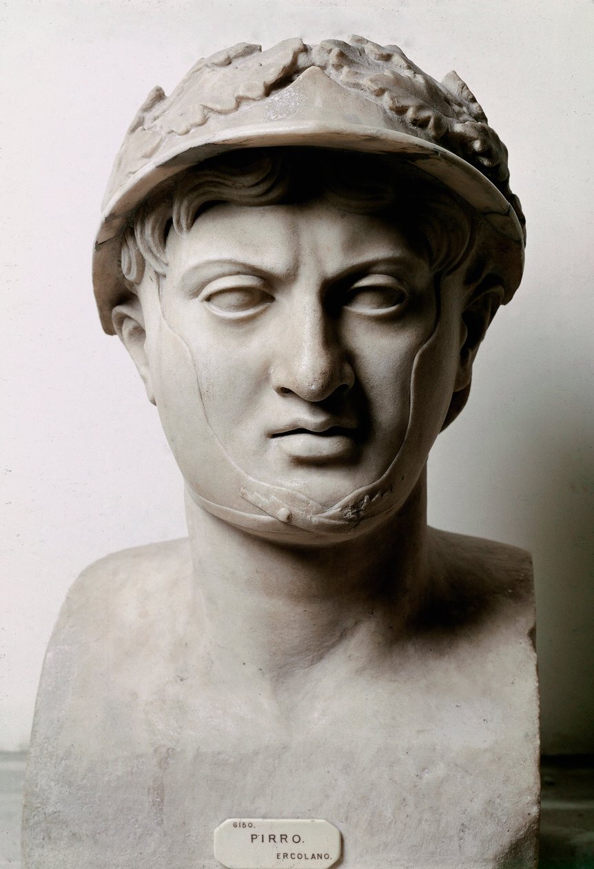 Popiersie Pyrrusa I (lub Pyrrusa) króla Epiru od 306 do 272 pne. Z Herkulanum (Herkulanum). Z oryginalnego 290 pne. Neapol, Narodowe Muzeum Archeologiczne - Popiersie Pyrrusa z Epiru (319-272 pne). Kopia rzymska po oryginale ok. 290 p.n.e. Marmur z Ercolan autorstwa Roman Roman