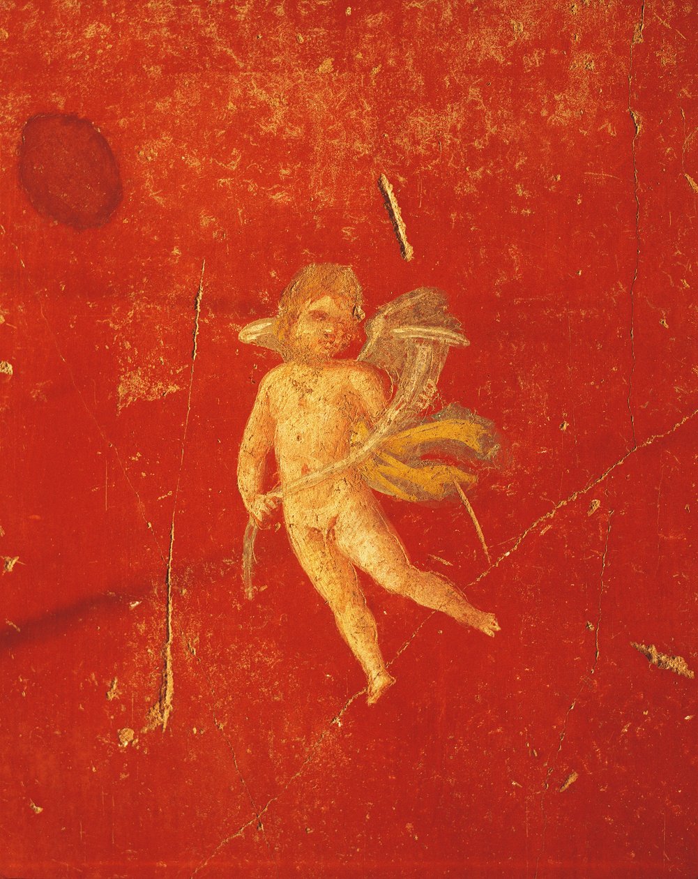 Cherub na czerwonym tle Pompejusza, fresk w czwartym stylu pompejańskim, z domu Pinario Ceriale, Pompeje, Kampania, cywilizacja rzymska autorstwa Roman Roman