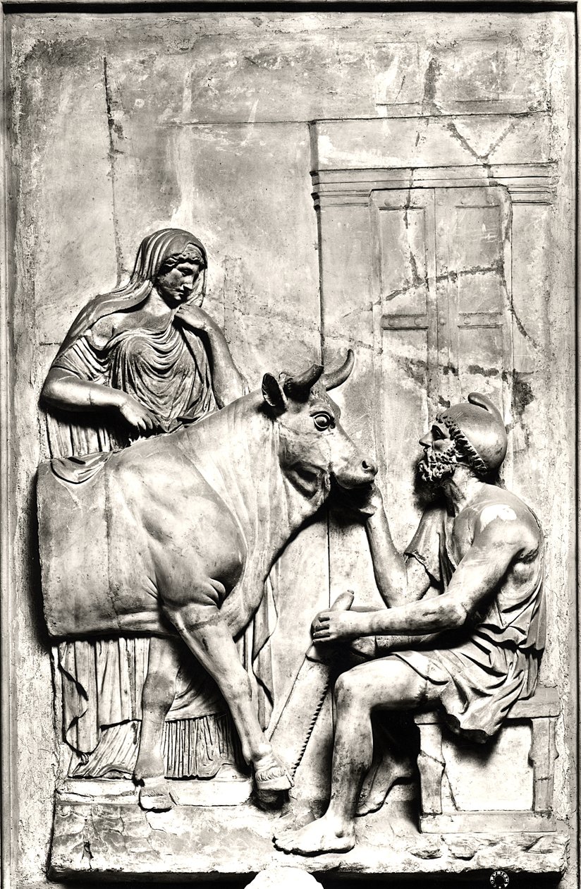 Daedalus budujący krowę dla Pasiphae, między I a III wiekiem n.e. (kamień) (zdjęcie czarno-białe) autorstwa Roman Roman
