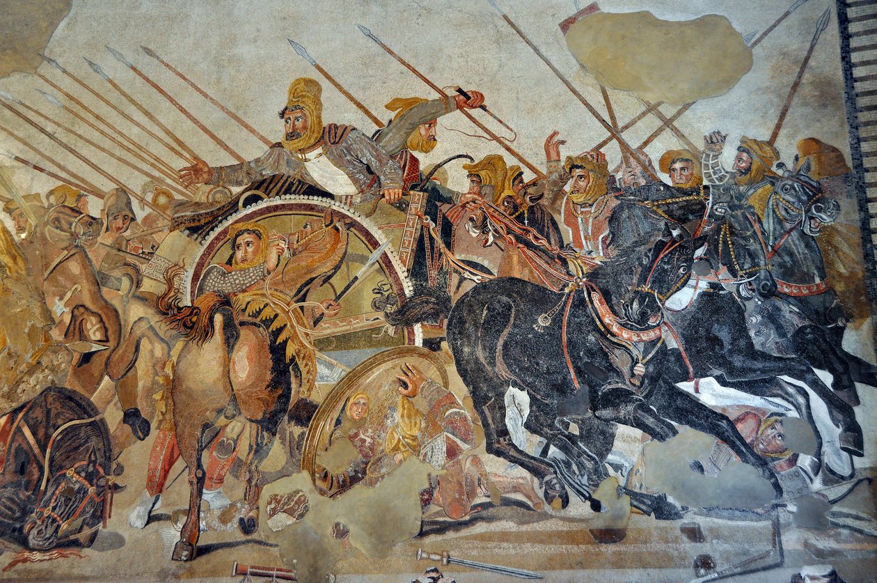 Detal mozaiki z Pompejów: Bitwa pod Issos pomiędzy Aleksandrem i Dariuszem (IV w. p.n.e.). - Król Dariusz III Kodoman (380-330 p.n.e.), desempare na swoim rydwanie - opus vermiculatum - Muzeum Archeologiczne w Neapolu, Włochy - Museo Archeologico Nazionale autorstwa Roman Roman