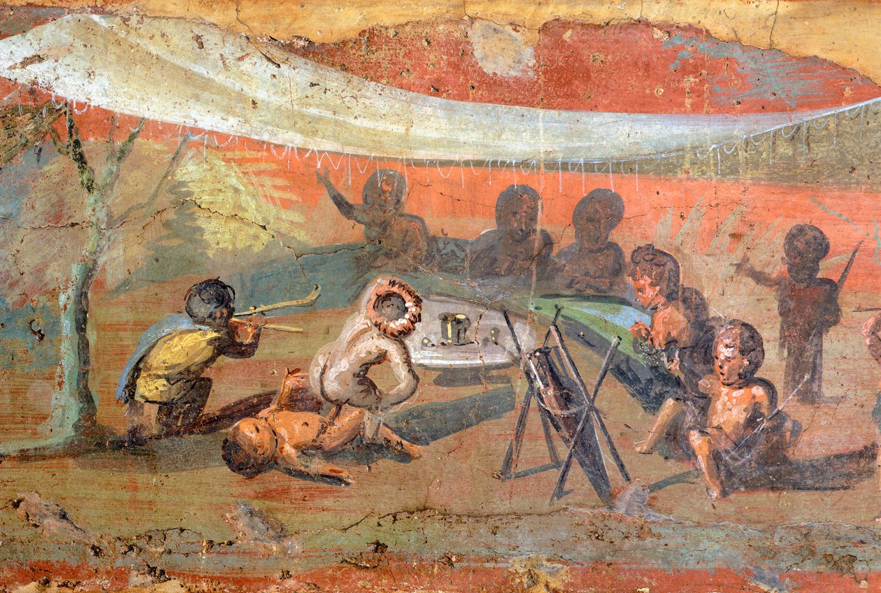 Fragment obrazu przedstawiającego gipsową scenę nad Nilem z Pigmejami, 56x217 cm, z Pompejów, wpisanych na Listę Światowego Dziedzictwa UNESCO autorstwa Roman Roman