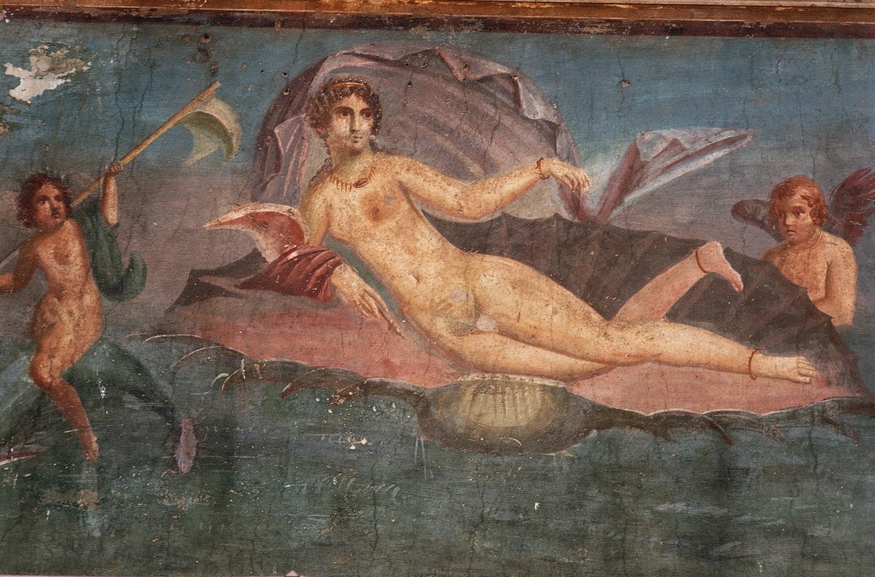 Yksityiskohta freskosta Venuksen talossa simpukankuoressa, Pompejissa, Campaniassa, puolalaisen roomalaisen sivilisaation yhteydessä autorstwa Roman Roman