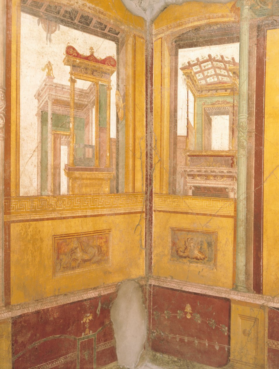 Fragment ściany z freskami w sztucznej architekturze, Dom Vettii, Pompeje, Kampania, cywilizacja rzymska autorstwa Roman Roman