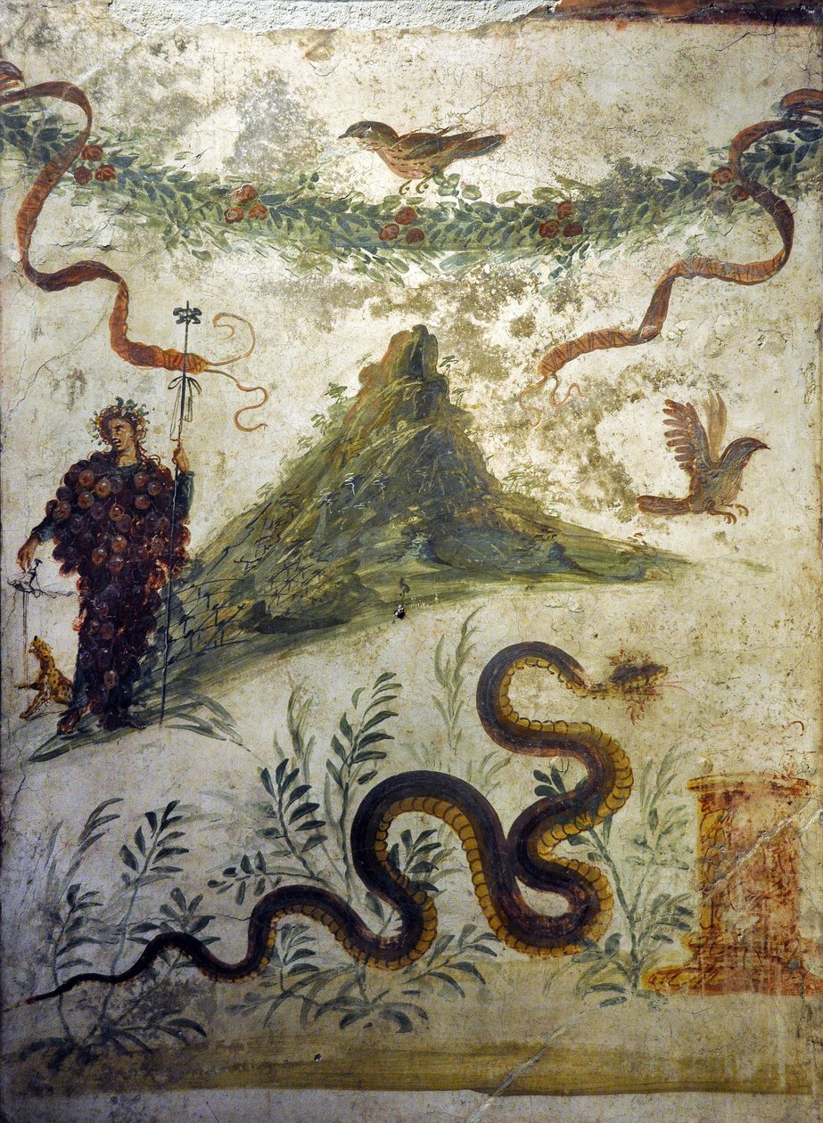 Dionizos wetu kiści winogron stojących przed Wezuwem - Fresk z Pompejów, casa diel centenario (dom stulecia) - Neapol, Narodowe Muzeum Archeologiczne autorstwa Roman Roman