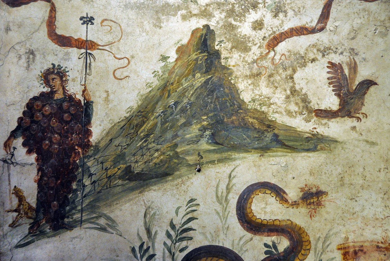 Dionizos wetu kiści winogron stojących przed Wezuwem - Fresk z Pompejów, casa diel centenario (dom stulecia) - Neapol, Narodowe Muzeum Archeologiczne autorstwa Roman Roman