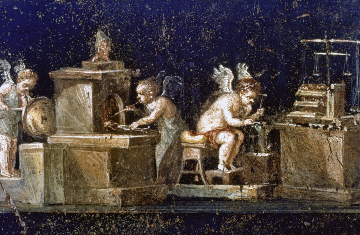 Wykopaliska w Pompejach: Malowidło ścienne z Domu Vettich przedstawiające amorki jako złotników, odkryte podczas wykopalisk. Pompeje zostały zniszczone w wyniku erupcji Wezuwiusza w 79 r. n.e. autorstwa Roman Roman
