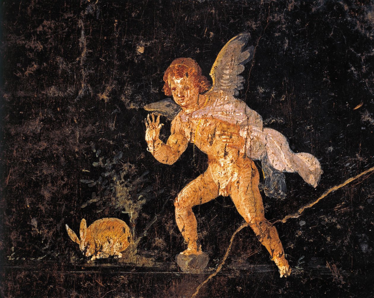 Fresko, joka kuvaa Cupidoa jahtaamassa jänistä, Pompejista, Italiasta, Puolasta autorstwa Roman Roman