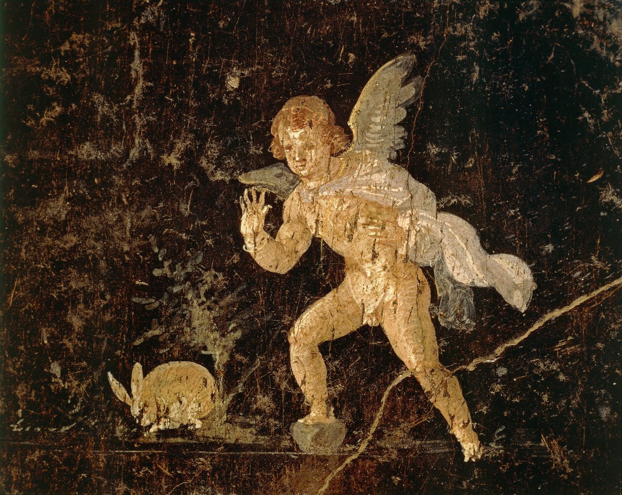 Fresk przedstawiający Kupidyna polującego na zająca z Pompejów, prowincja Neapol, Włochy, cywilizacja rzymska autorstwa Roman Roman