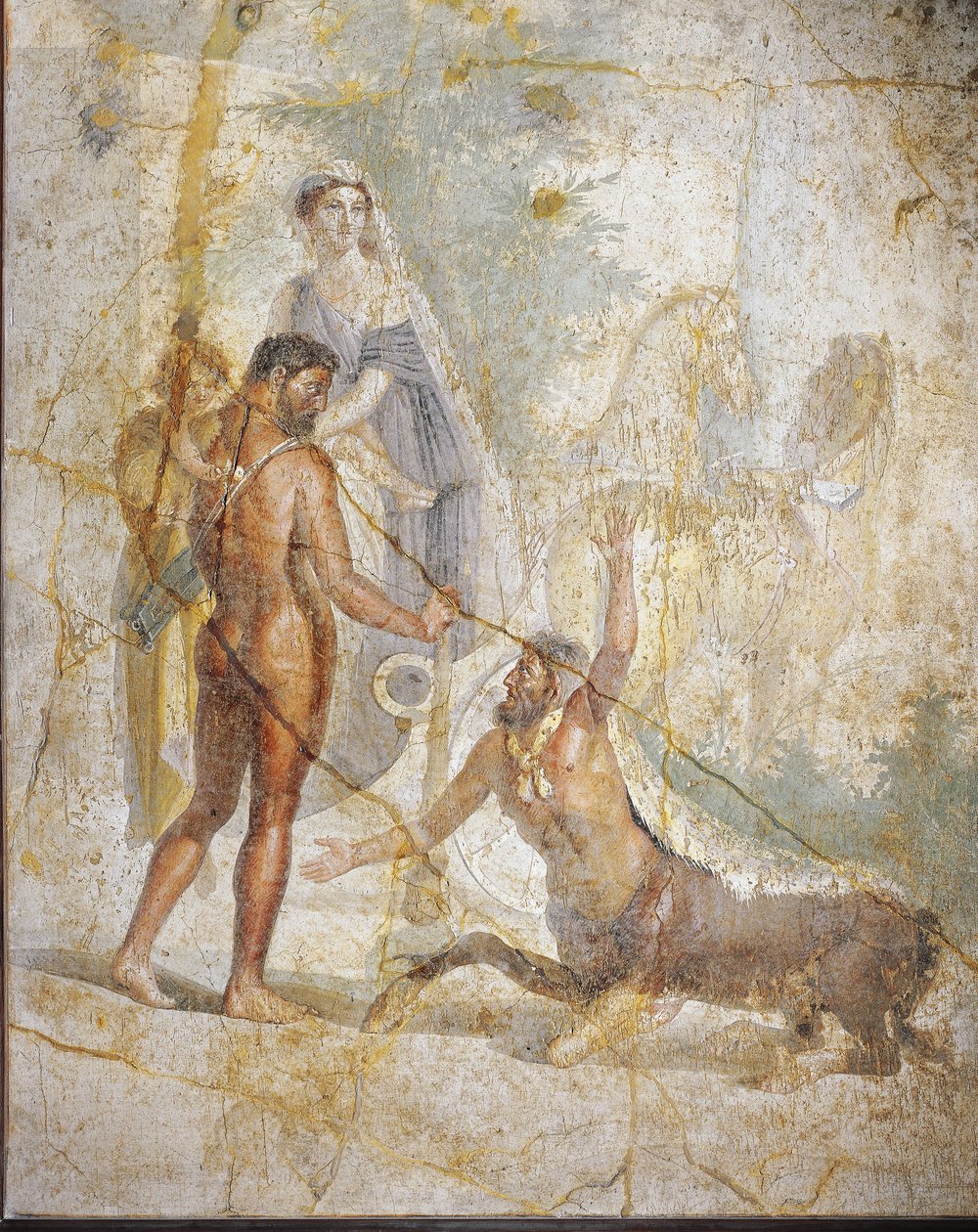 Fresk przedstawiający Herkulesa, Dejanirę i Hyllusa przekraczających rzekę Evenus z Pompejów we Włoszech autorstwa Roman Roman