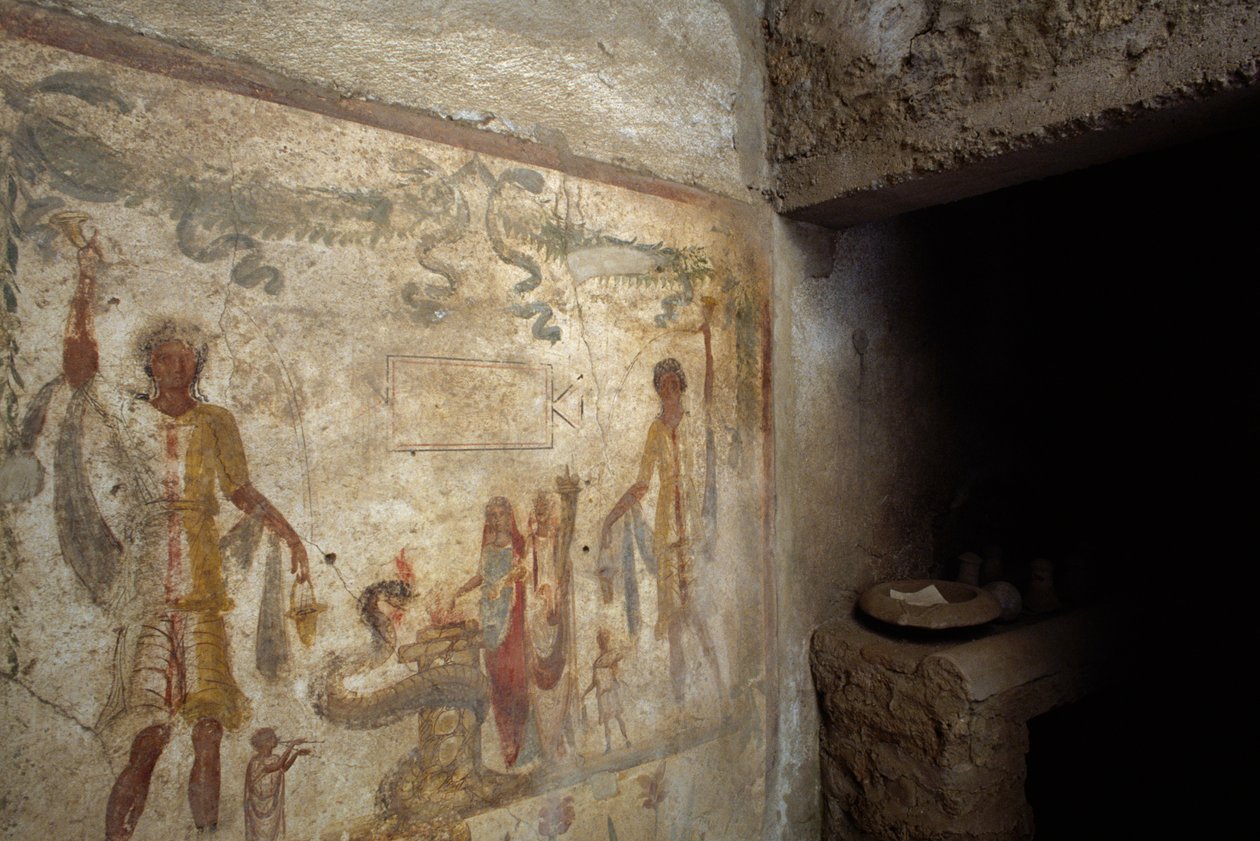 Fresk przedstawiający Lararium w pobliżu wejścia do kuchni, Dom Caiusa Juliusza Polibiusza, Pompeje (Lista Światowego Dziedzictwa UNESCO autorstwa Roman Roman
