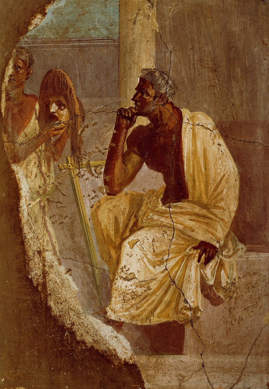 Fresk przedstawiający aktora i maskę tragiczną, pochodzący z Pompejów (Lista Światowego Dziedzictwa UNESCO). autorstwa Roman Roman