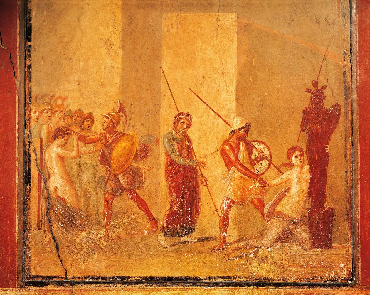 Fresk przedstawiający spotkanie Priama, Menelaosa i Heleny w Pałacu Królewskim, Pompeje, Kampania, cywilizacja rzymska autorstwa Roman Roman