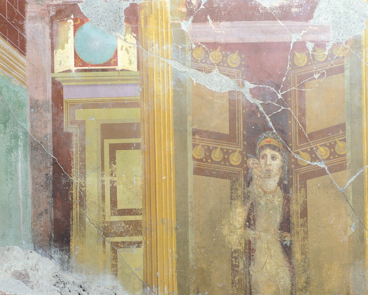 Fresk przedstawiający sztuczną dekorację architektoniczną i postać kobiety, z Domu Fabiusza Rufusa, Pompeje, Kampania, cywilizacja rzymska autorstwa Roman Roman