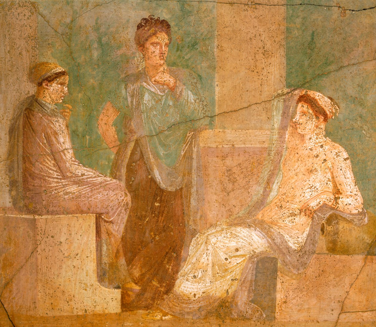 Fresk przedstawiający grupę rozmawiających rzymskich dam, z Domu Starożytnych Łowów, w Pompejach, Kampania, Cywilizacja Rzymska autorstwa Roman Roman