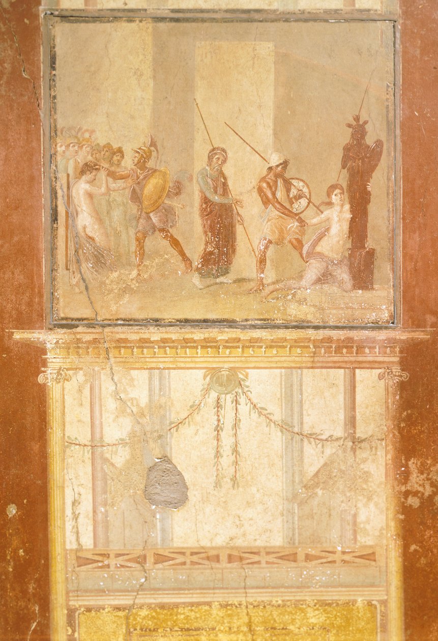 Fresk przedstawiający spotkanie Priama, Menelaosa i Heleny oraz Arisace w pogoni za Cassandrą, z Domu Menandera, Pompeje, Kampania, cywilizacja rzymska autorstwa Roman Roman