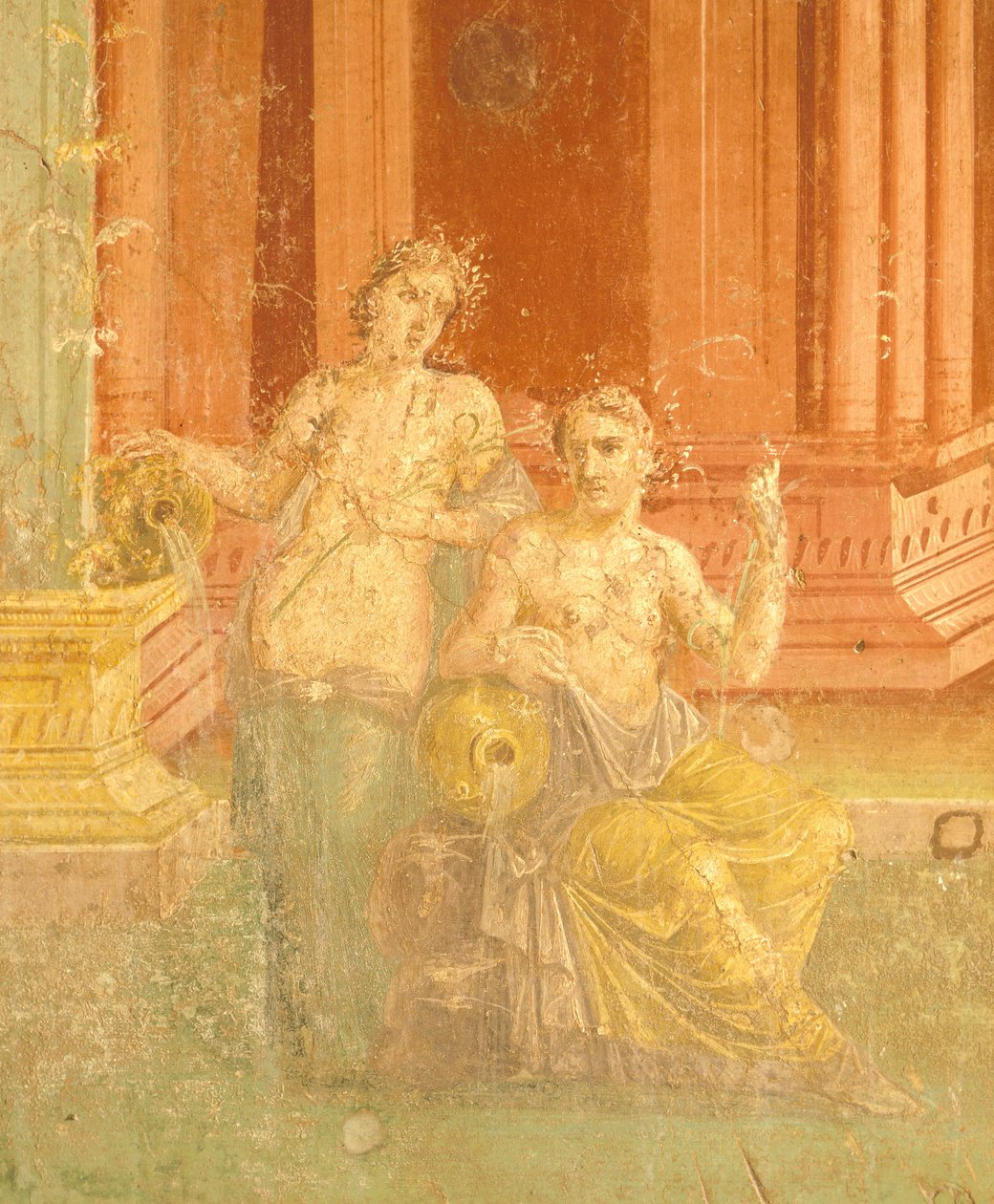 Fresk w czwartym stylu pompejańskim na czerwonym tle, dom Pinario Ceriale, Pompeje, Kampania, cywilizacja rzymska autorstwa Roman Roman