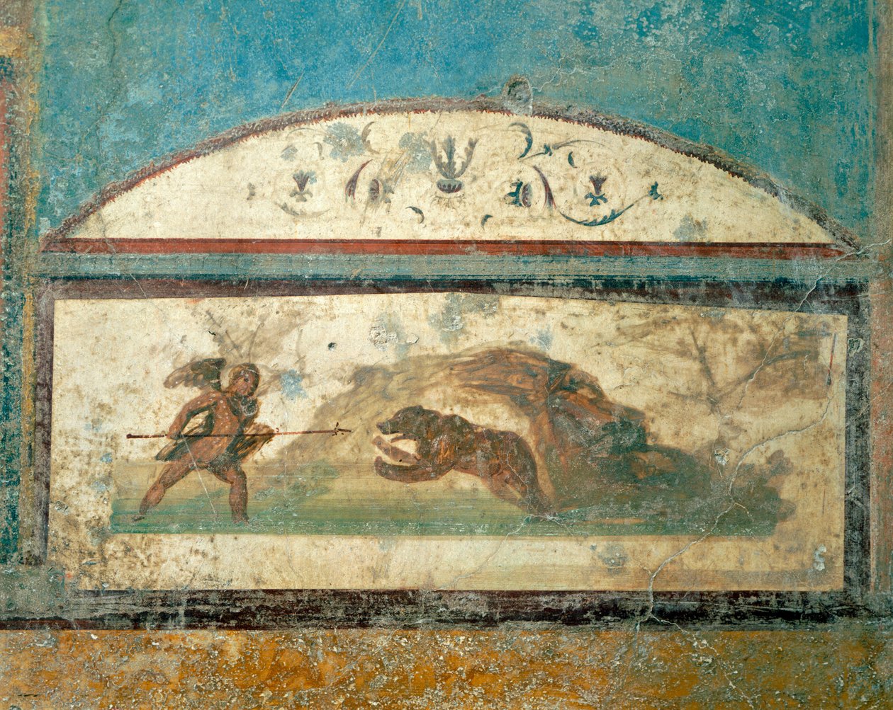 Fresk przedstawiający scenę polowania z Domu Starożytnego Polowania, Pompeje, Kampania, cywilizacja rzymska autorstwa Roman Roman
