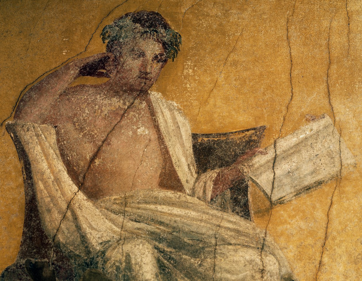 Grecki dramaturg Menander, fragment fresku, perystyl Domu Menandra, Pompeje, Kampania, Włochy, cywilizacja rzymska autorstwa Roman Roman