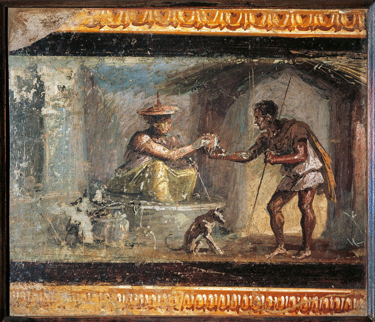 Włochy, Kampania, Pompeje, Podróżnik i magik z Domu Dioscuri, fresk autorstwa Roman Roman