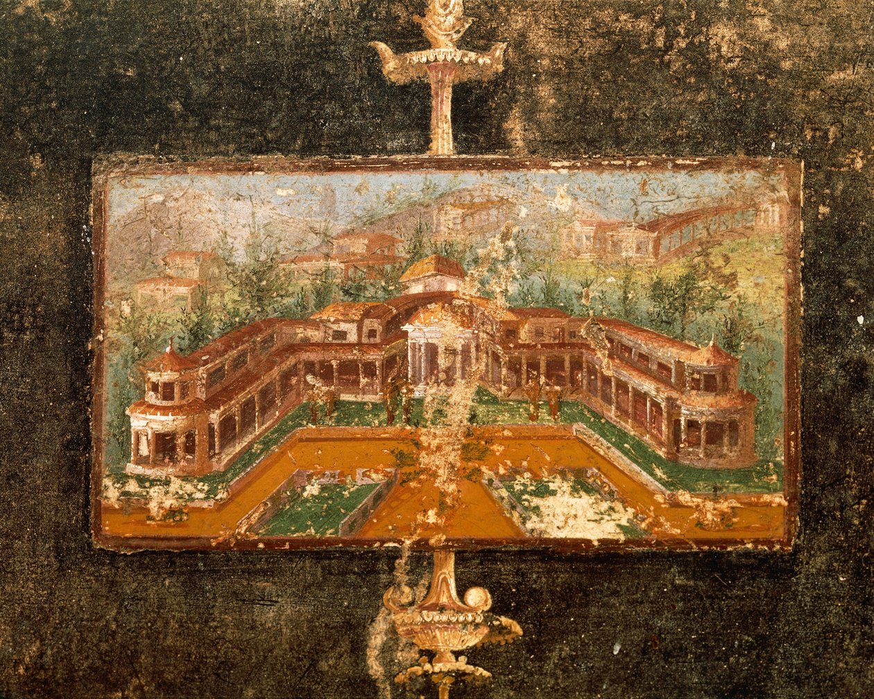 Krajobraz i architektura w malarstwie ściennym w tablinum, III styl pompejański, dom Marco Lucrezio Fronto, z Pompejów, Kampania, Włochy autorstwa Roman Roman