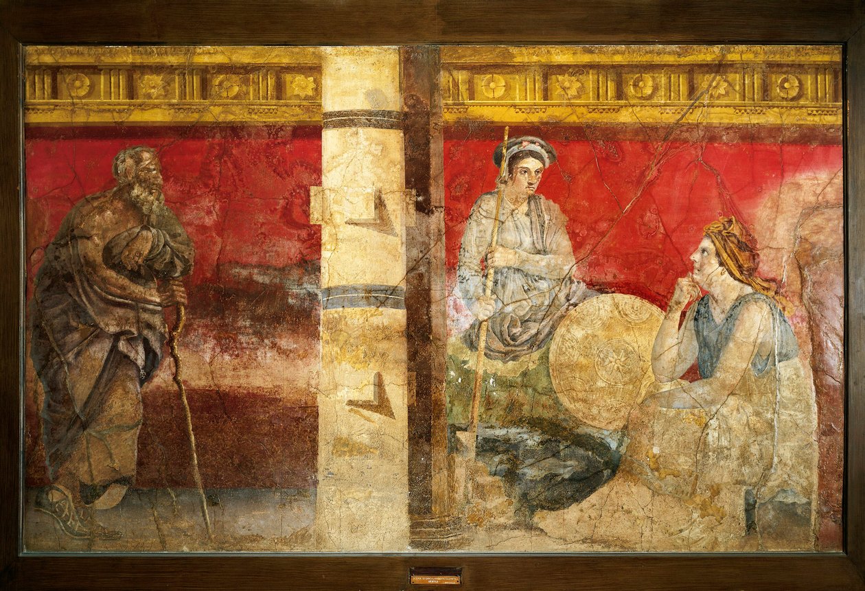 Macedońska rodzina królewska i filozof. Fresk 325x199cm. Z Boscoreale, niedaleko Neapolu. Museo nazionale archeologico, Neapol (Muzeum Archeologiczne w Neapolu) autorstwa Roman Roman