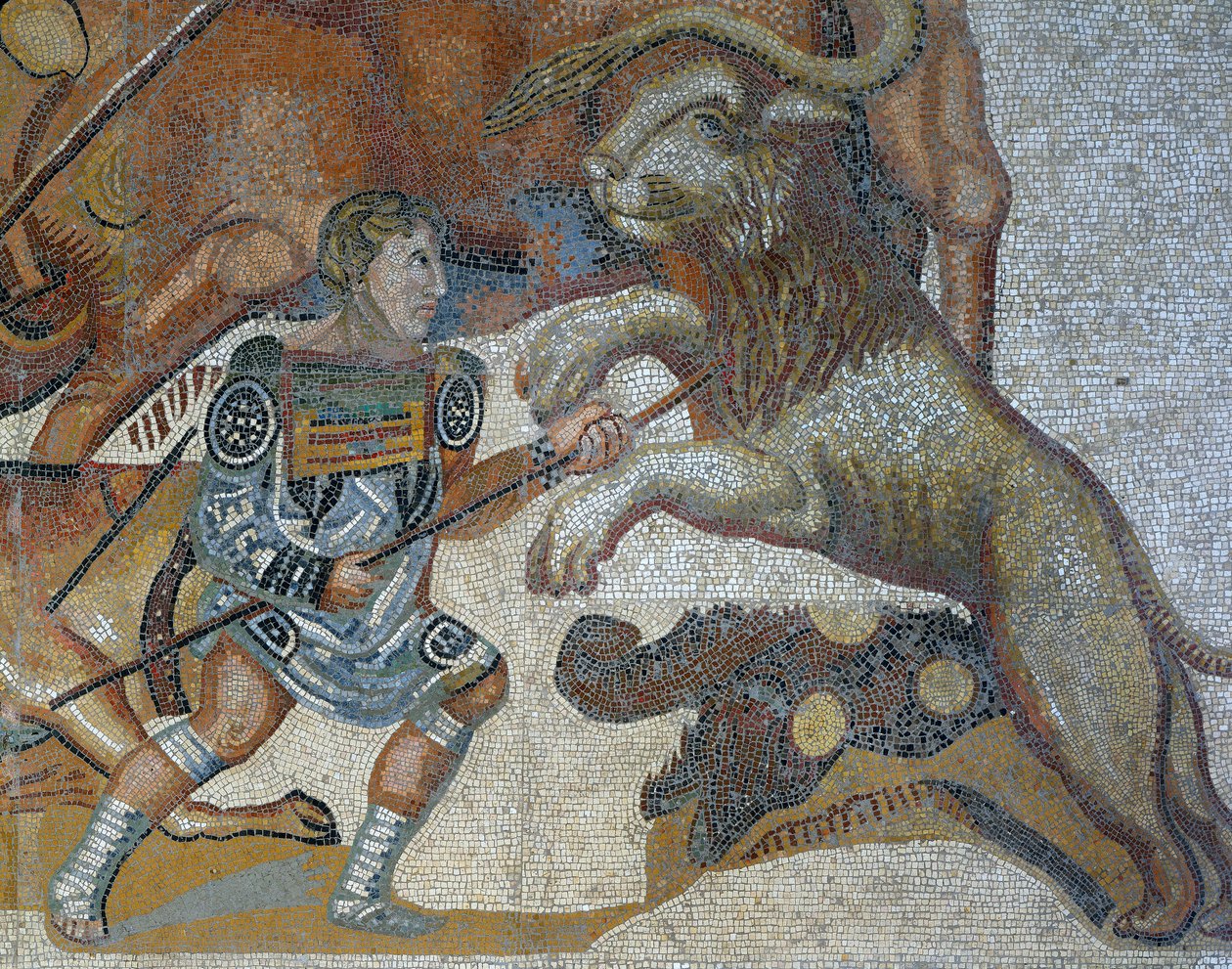 Mozaika przedstawiająca scenę polowania na dzikie zwierzęta, detal przedstawiający gladiatora zabijającego dzikie zwierzę autorstwa Roman Roman
