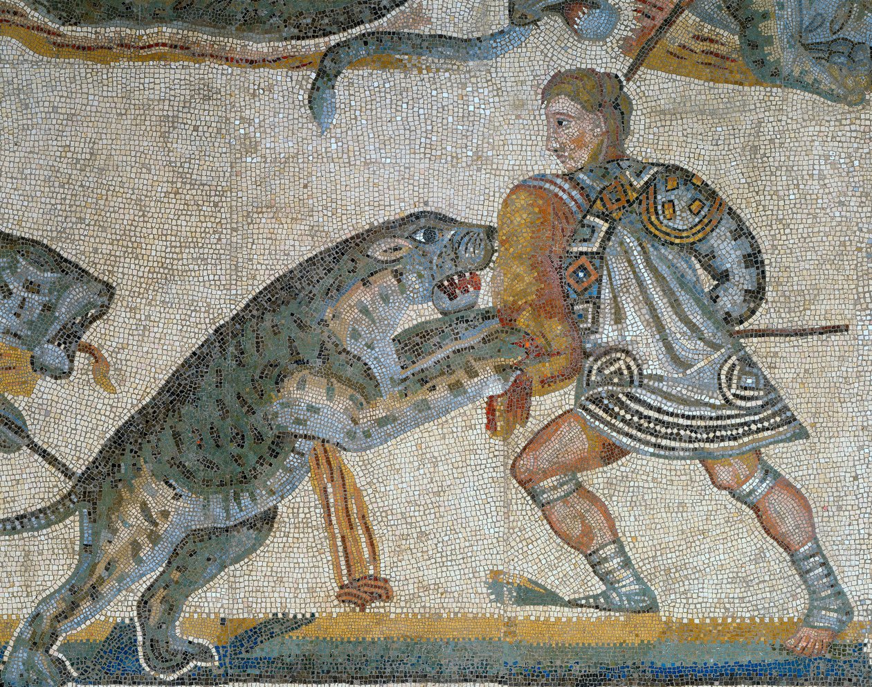 Mozaika przedstawiająca scenę polowania na dzikie zwierzęta, detal przedstawiający gladiatora zabijającego dzikie zwierzę autorstwa Roman Roman