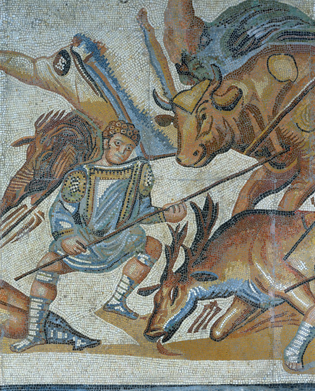 Mozaika przedstawiająca scenę polowania na dziką bestię, fragment gladiatora zabijającego zwierzę autorstwa Roman Roman