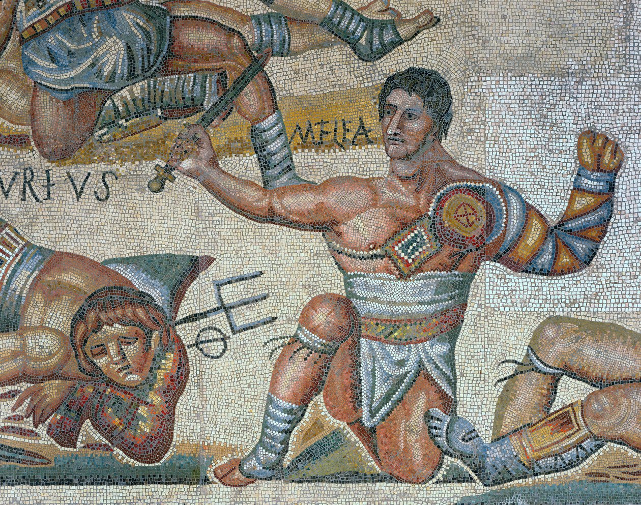 Mozaika przedstawiająca scenę walki gladiatorów, detal triumfującego gladiatora autorstwa Roman Roman