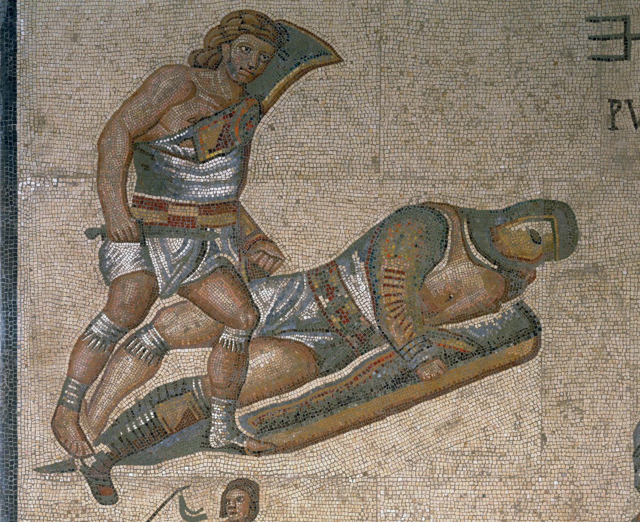Mozaika ze sceną walki gladiatorów, fragment gladiatora odzianego w zbroję autorstwa Roman Roman