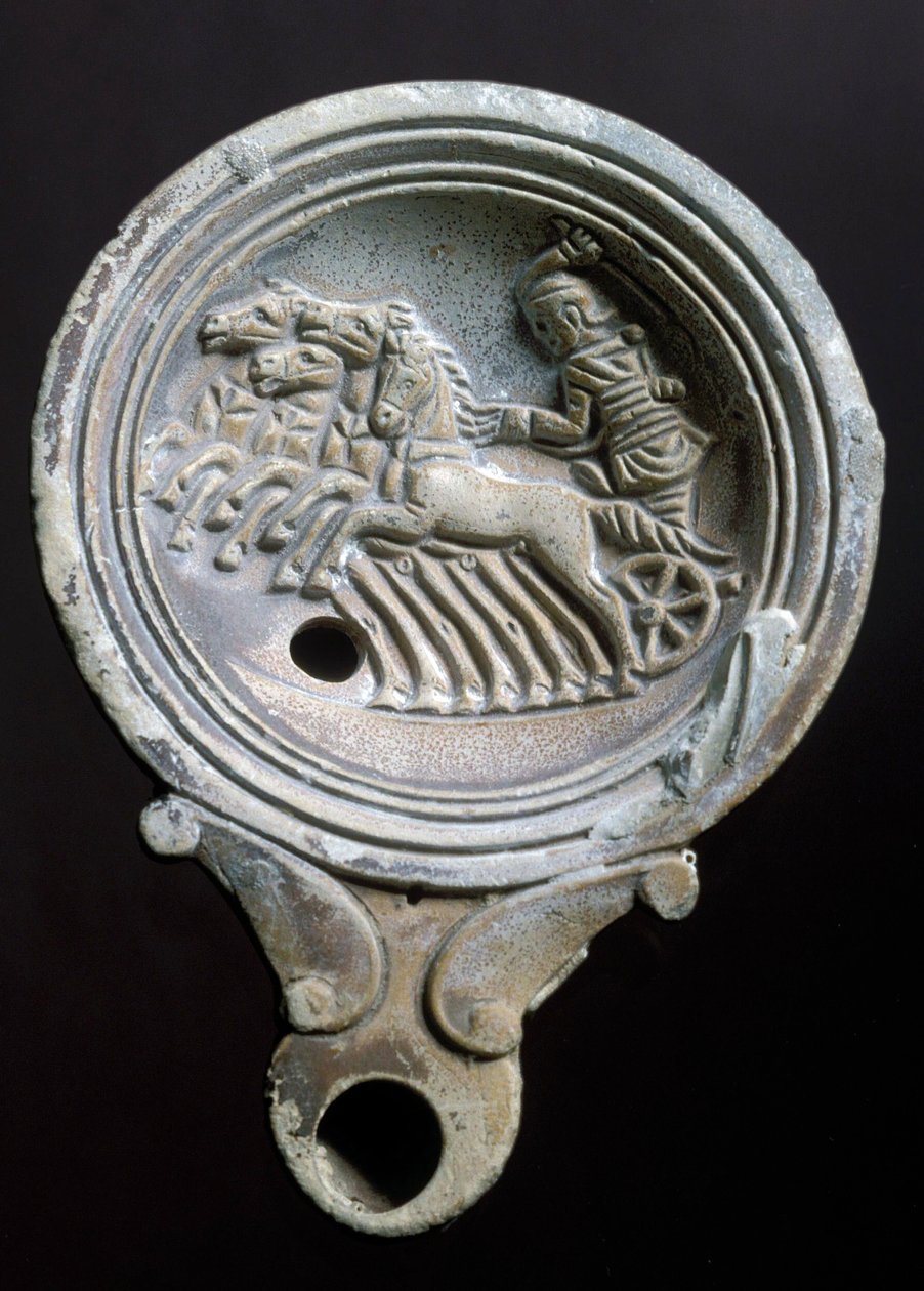 Lampa oliwna przedstawiająca bryczkę wyścigową z czterema końmi (terakota) autorstwa Roman Roman